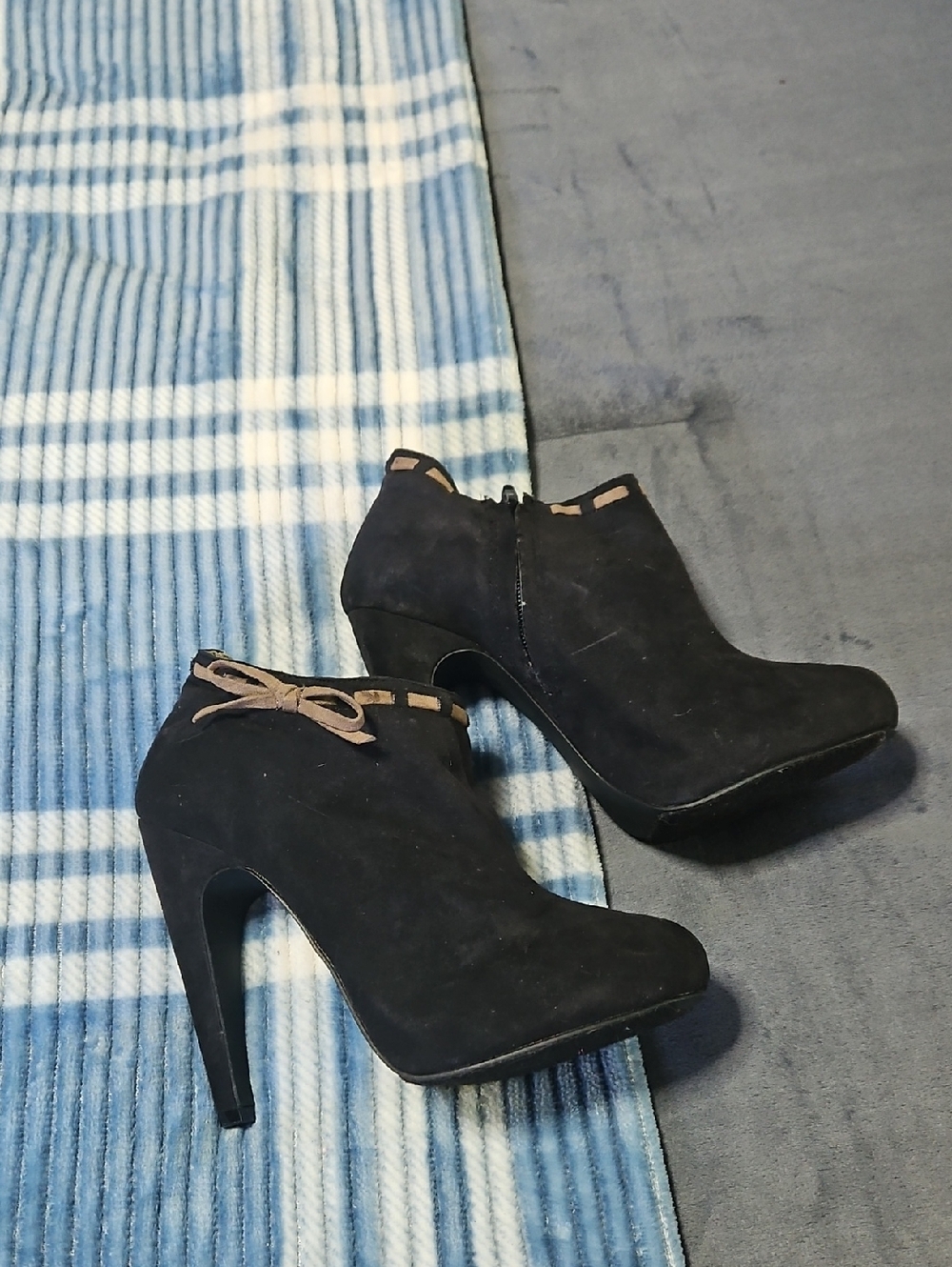 Women’s Black Suede High Heel Ankle Booties with Bow Accent